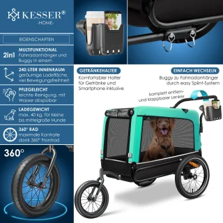 KESSER Hondenfietskar 3in1 Mintgroen 40 kg
