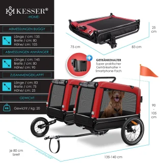 KESSER Hondenfietskar 3in1 Rood 40 kg