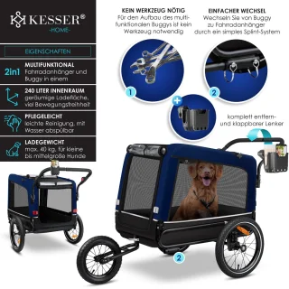 KESSER Hondenfietskar 3in1 tot 40kg Marineblauw