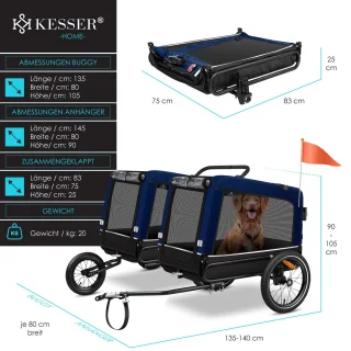 KESSER Hondenfietskar 3in1 tot 40kg Marineblauw