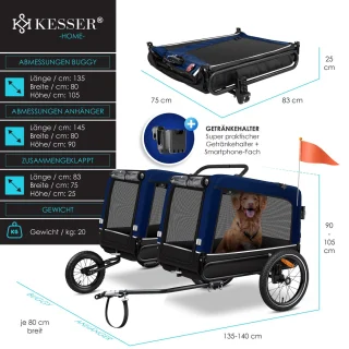 KESSER Hondenfietskar 3in1 tot 40kg Marineblauw