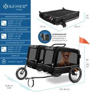KESSER® Hondenfietskar 3in1 Zwart 40 kg