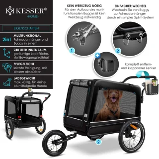 KESSER® Hondenfietskar 3in1 Zwart 40 kg