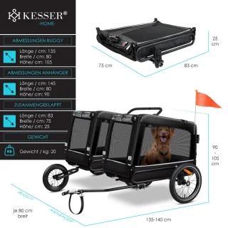 KESSER® Hondenfietskar 3in1 Zwart 40 kg