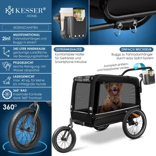 KESSER® Hondenfietskar 3in1 Zwart 40 kg