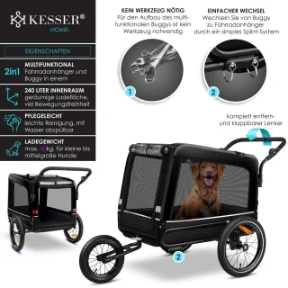 KESSER® Hondenfietskar 3in1 Zwart 40 kg