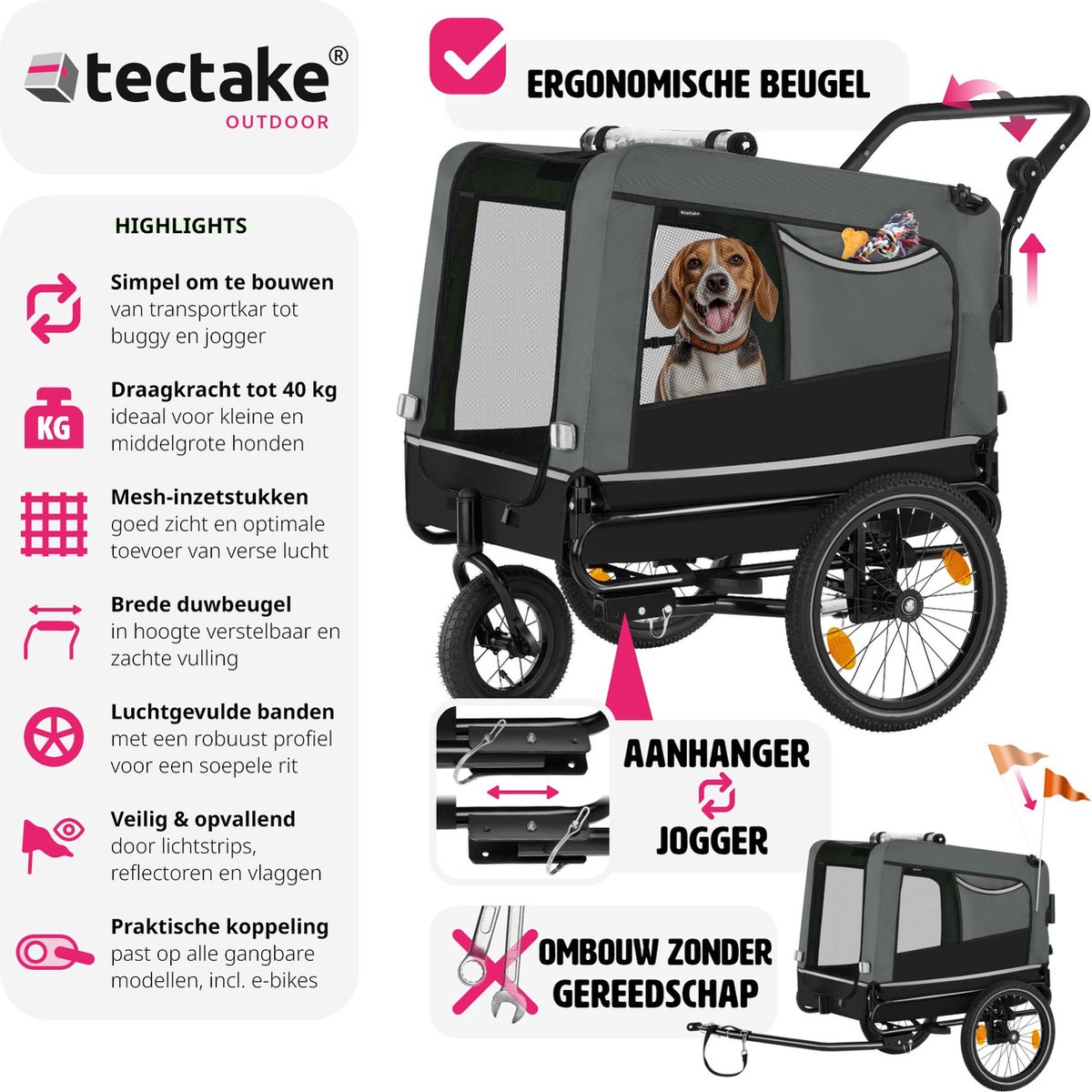 tectake Hondenfietskar 3-in-1 Grijs 40kg