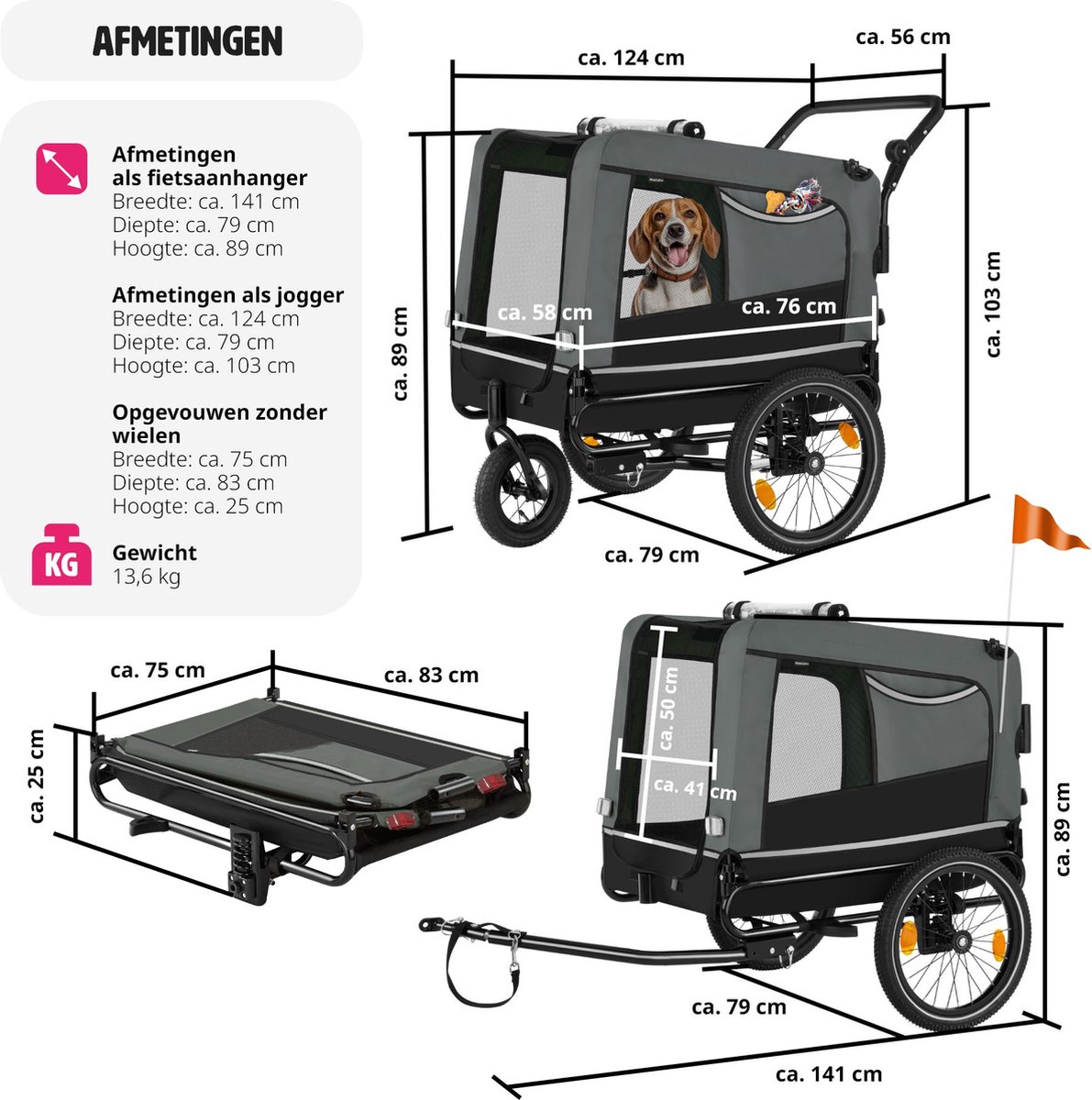 tectake Hondenfietskar 3-in-1 Grijs 40kg