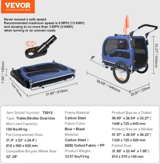 VEVOR Hondenaanhanger en Hondenbuggy Blauw 45 kg