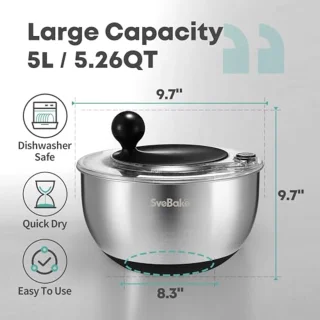 Premium 5,3-Qt Roestvrij Stalen Slacentrifuge met Stopknop - Vaatwasmachinebestendig en BPA-vrij
