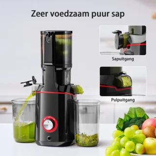 AMZCHEF Slowjuicer – Grote Vulopening 108mm – Stil & Efficiënt – Sapcentrifuge voor Groenten & Fruit – Dubbel RVS Filter – BPA-vrij – Zwart