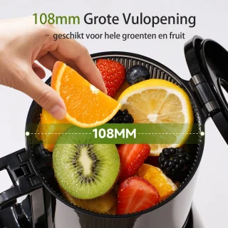 AMZCHEF Slowjuicer – Grote Vulopening 108mm – Stil & Efficiënt – Sapcentrifuge voor Groenten & Fruit – Dubbel RVS Filter – BPA-vrij – Zwart