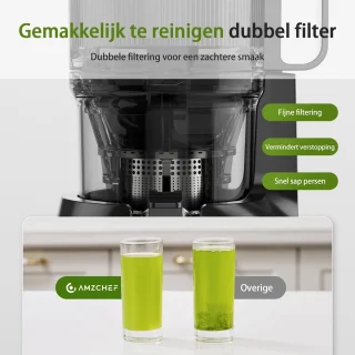 AMZCHEF Slowjuicer – Grote Vulopening 108mm – Stil & Efficiënt – Sapcentrifuge voor Groenten & Fruit – Dubbel RVS Filter – BPA-vrij – Zwart