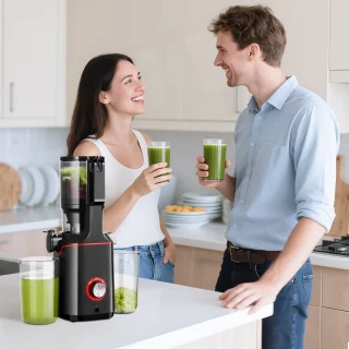 AMZCHEF Slowjuicer – Grote Vulopening 108mm – Stil & Efficiënt – Sapcentrifuge voor Groenten & Fruit – Dubbel RVS Filter – BPA-vrij – Zwart