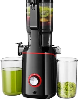 AMZCHEF Slowjuicer – Grote Vulopening 108mm – Stil & Efficiënt – Sapcentrifuge voor Groenten & Fruit – Dubbel RVS Filter – BPA-vrij – Zwart