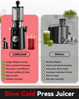 LINKchef Slow Juicer Sapcentrifuge - Verticale sapcentrifuge zonder voorbereiding - met No-Prep 4.35"Feed Chute - Geschikt voor hele vruchten en groenten - Eenvoudig te installeren-Gemakkelijk schoon te maken - 1.2L Capaciteit, 200w, zwart