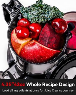 Wat vinden we goed aan de LINKchef Slow Juicer Sapcentrifuge - Verticale sapcentrifuge zonder voorbereiding - met No-Prep 4.35"Feed Chute - Geschikt voor hele vruchten en groenten - Eenvoudig te installeren-Gemakkelijk schoon te maken - 1.2L Capaciteit, 200w, zwart