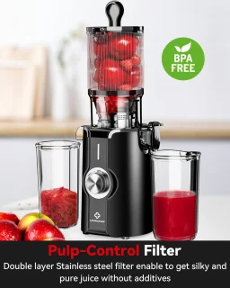 LINKchef Slow Juicer Sapcentrifuge - Verticale sapcentrifuge zonder voorbereiding - met No-Prep 4.35"Feed Chute - Geschikt voor hele vruchten en groenten - Eenvoudig te installeren-Gemakkelijk schoon te maken - 1.2L Capaciteit, 200w, zwart