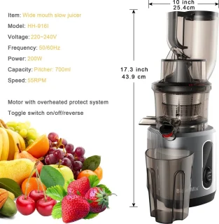 QPFO® Slowjuicer Met Krachtige Motor - Cold Press Sapcentrifuge Voor Groente En Fruit - Met Extra Filter En Ijsmaker - Grote Inhoud Grijs