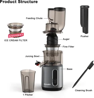 QPFO® Slowjuicer Met Krachtige Motor - Cold Press Sapcentrifuge Voor Groente En Fruit - Met Extra Filter En Ijsmaker - Grote Inhoud Grijs