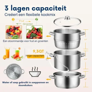 Roestvrijstalen Stoompers Voor Fruit En Groenten - Sapcentrifuge 9L - Met Deksel Van Gehard Glas - Geschikt Voor Inductie