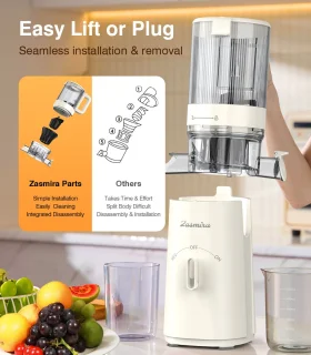 Zasmira Slow Juicer Sapcentrifuge -Sapcentrifuges met grote invoergoot - Powerful Slow Juicer with Pulp Seperation - 99.6% Juice Purity - 1,5L capaciteit, eenvoudig schoon te maken, eenvoudig te installeren - White