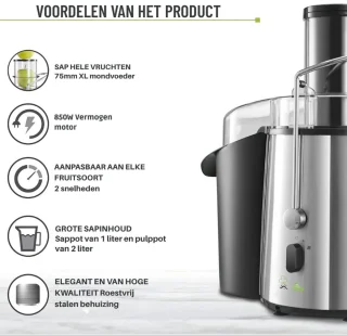 Hoogwaardige Sapcentrifuge Voor Groenten En Fruit - 850W Met 2 Snelheden - Centrifugaal Juicer Voor Sinaasappel En Citrus - Brede Opening 75mm - Antislip Bodem