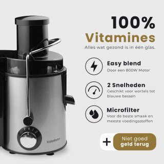 KitchenMasters Sapcentrifuge 800W met Pulpcontainer en Grote Vulopening