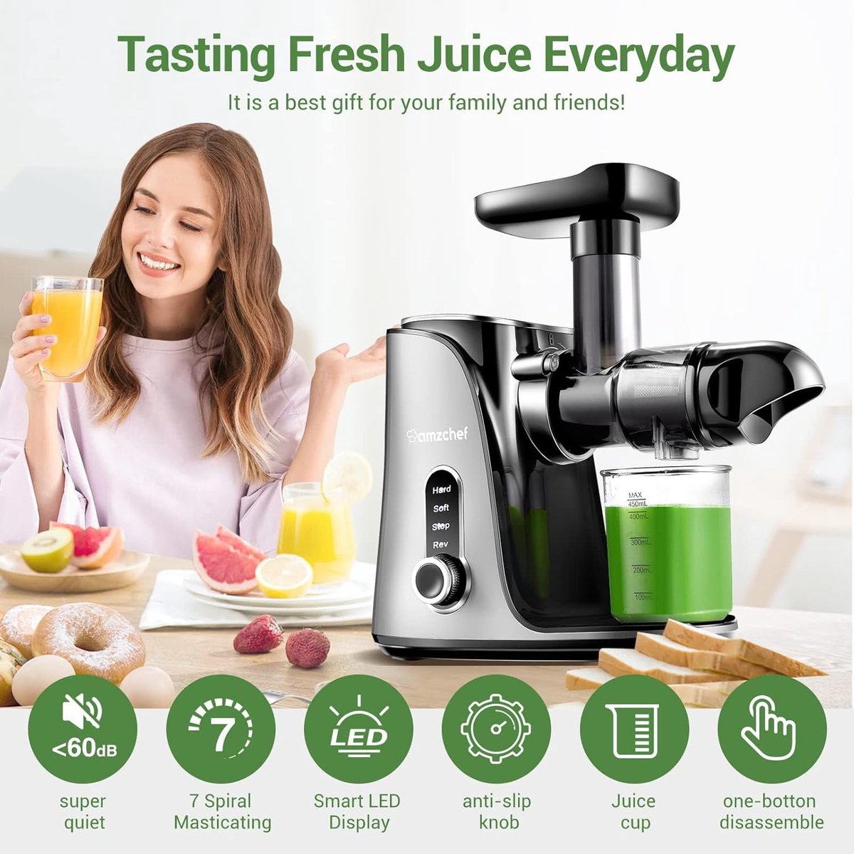 RFWR Slow Juicer met 2 Snelheidsmodi en Reisflessen 500 ml