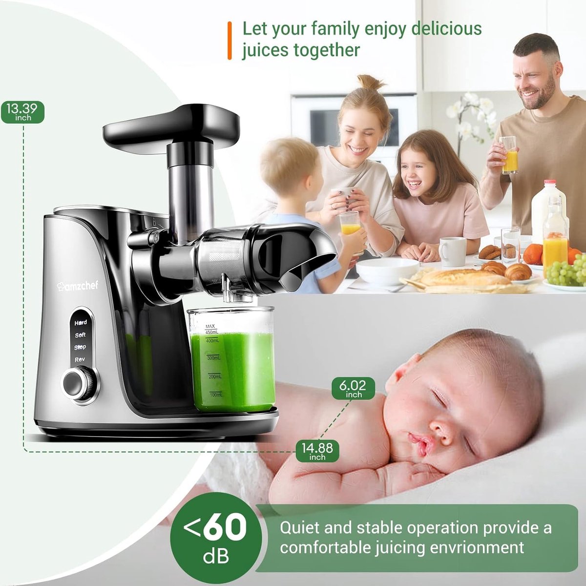 RFWR Slow Juicer met 2 Snelheidsmodi en Reisflessen 500 ml
