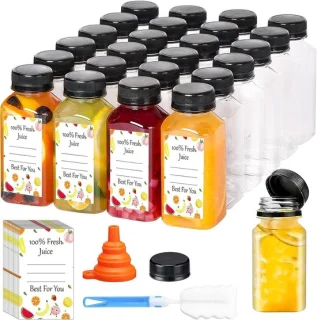 Set van 24 herbruikbare plastic sapflessen 150 ml met borstel en trechter