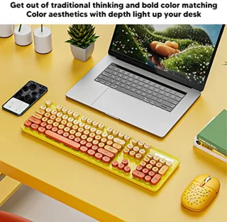 Combo Wireless Keyboard and Mouse 2.4GHz 104 Keys Wireless Keyboard Cute Round Keys Keyboard Mouse Set Full Size for Laptop (Mixed Color Yellow)