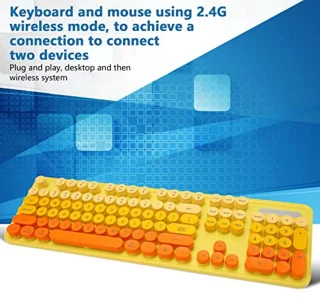 Combo Wireless Keyboard and Mouse 2.4GHz 104 Keys Wireless Keyboard Cute Round Keys Keyboard Mouse Set Full Size for Laptop (Mixed Color Yellow)