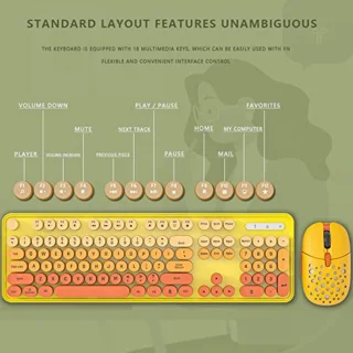 Combo Wireless Keyboard and Mouse 2.4GHz 104 Keys Wireless Keyboard Cute Round Keys Keyboard Mouse Set Full Size for Laptop (Mixed Color Yellow)