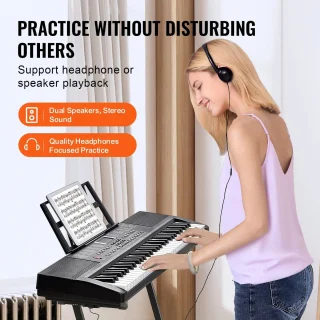 Amolass - Keyboard Piano - 61 Toetsen/Keys - Met Standaard - Elektrische Piano - Inclusief Speakers en Koptelefoon - Zwart