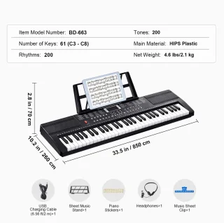 Amolass - Keyboard Piano - 61 Toetsen/Keys - Met Standaard - Elektrische Piano - Inclusief Speakers en Koptelefoon - Zwart
