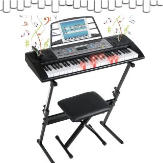 De Piano keyboard - Elektrische piano - Piano 61 toetsen - Beginners - Met kruk - Bladmuziek standaard - Dubbele voeding in één oogopslag