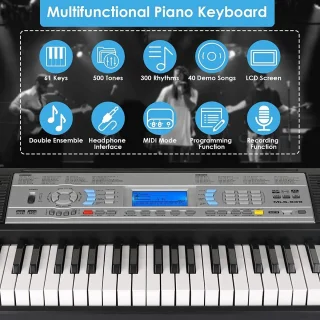 Piano keyboard - Elektrische piano - Piano 61 toetsen - Beginners - Met kruk - Bladmuziek standaard - Dubbele voeding