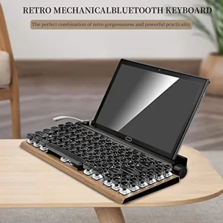 Retro Typewriter Keyboard, 83 Keys Bluetooth 5.0 Adjustable Brightness Typewriter Style Mechanical Wired and Wireless Keyboard, Luxury Multiple Device Connector Classic Wood