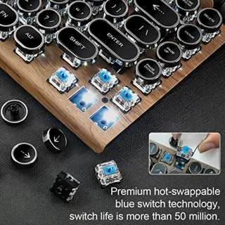 Retro Typewriter Keyboard, 83 Keys Bluetooth 5.0 Adjustable Brightness Typewriter Style Mechanical Wired and Wireless Keyboard, Luxury Multiple Device Connector Classic Wood