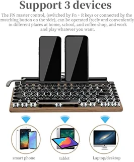 Retro Typewriter Keyboard, 83 Keys Bluetooth 5.0 Adjustable Brightness Typewriter Style Mechanical Wired and Wireless Keyboard, Luxury Multiple Device Connector Classic Wood