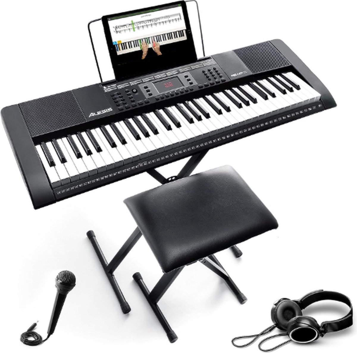 De Digitale Piano Startersset 61 Keys Zwart - Inclusief Standaard, Microfoon, Koptelefoon en Kruk in één oogopslag