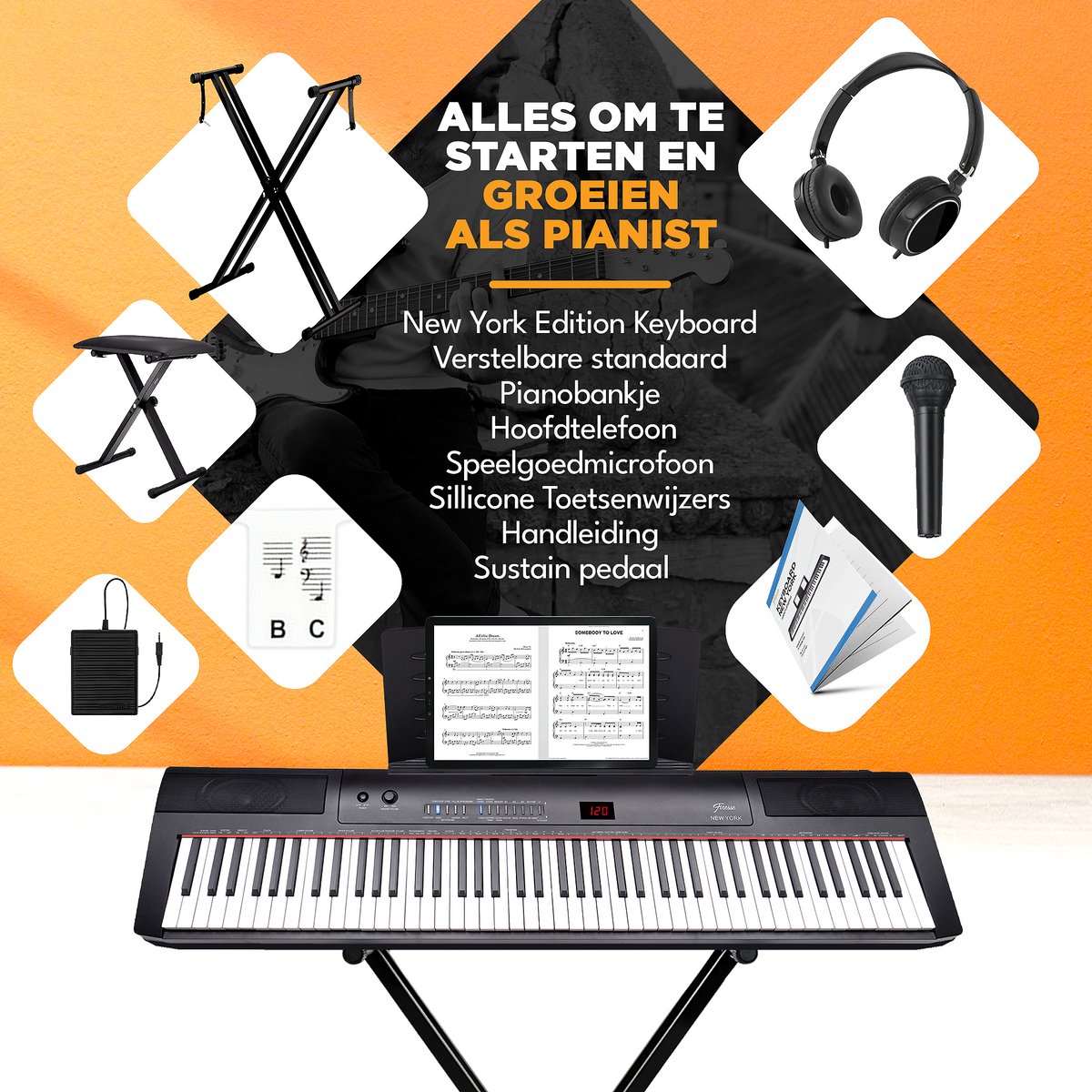 Finesse Digitale Piano 88 toetsen met statief en kruk
