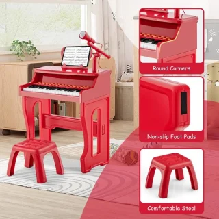 Kinder keyboard met kruk, microfoon en bladmuziekstandaard - rood