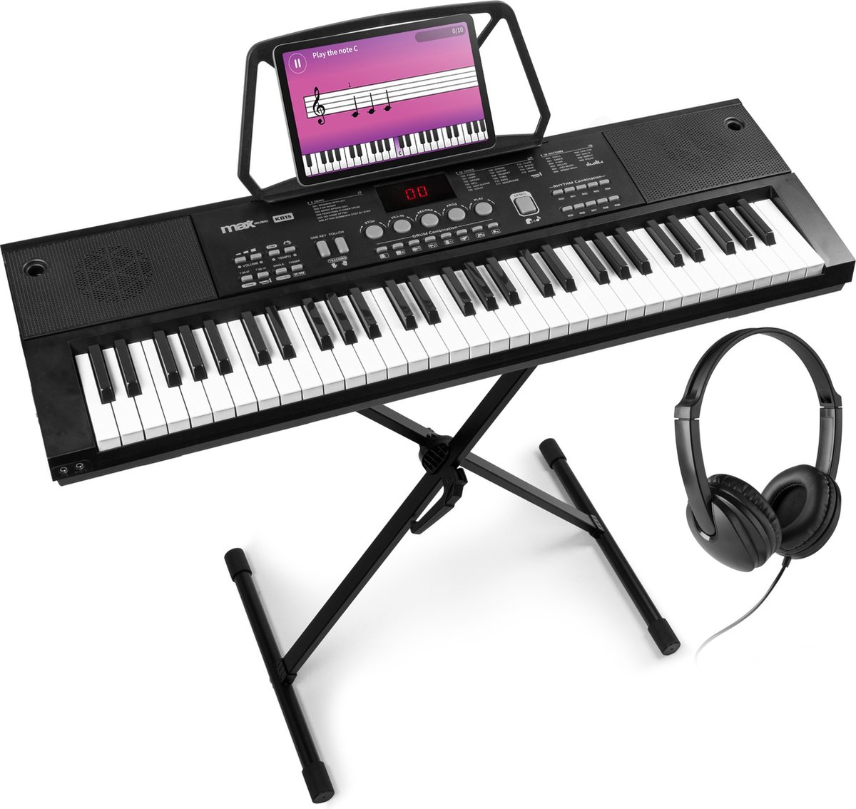 De MAX KB15 Keyboard set inclusief koptelefoon en standaard in één oogopslag