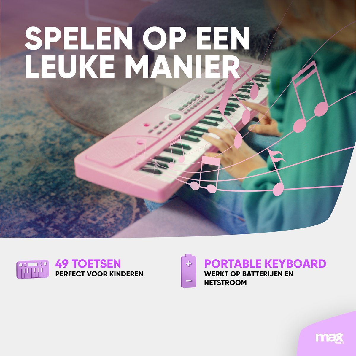 MAX KD49P Kinderpiano 49 Toetsen Roze
