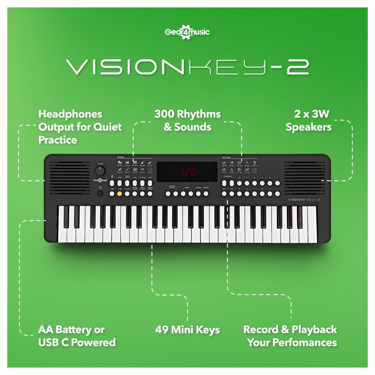 VISIONKEY-2 Draagbaar Keyboard 49-toets Zwart