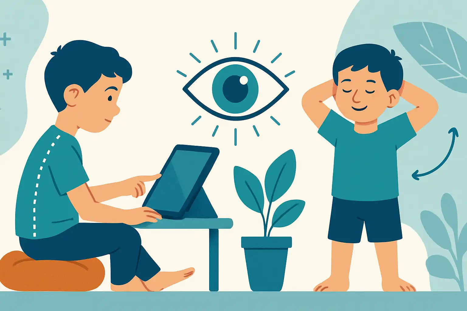 Houd je kind gezond achter de tablet: houding, oogzorg en korte oefeningen die écht helpen