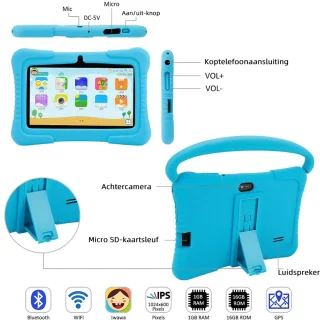 Kindertablet - Ouderlijk Toezicht - 7 Inch - 2G RAM - 32GB opslagruimte - Android 10 - Kindertablet vanaf 3 jaar - 2500mAh - Bluetooth 4.0 - Tablet - Inclusief beschermhoes - Blauw