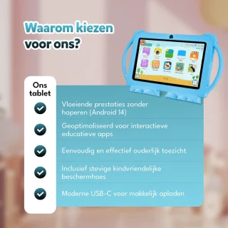 KinderTablet – 7 Inch – Vanaf 3 jaar – Android 14 – 4GB RAM – 32GB – WiFi – Beschermhoes – Blauw - Quadcore